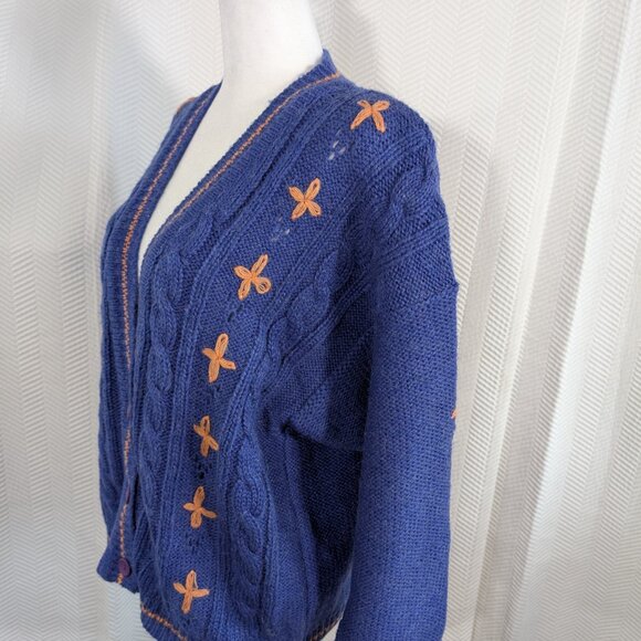 Vintage 80s Chunky Cable Knit Cardigan Blue Orange Wool Blend Est. size M to L - Picture 2 of 16